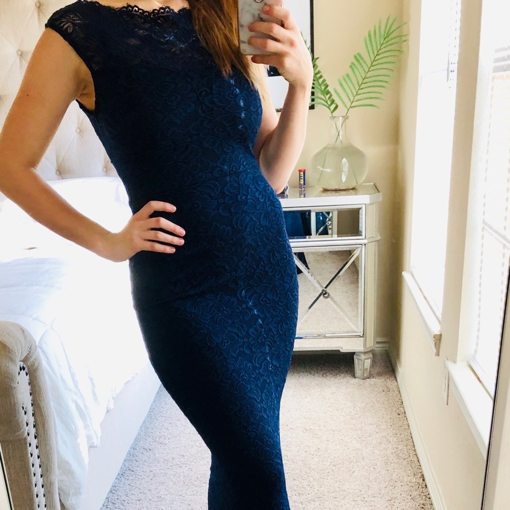 Floor Length Navy Lace Bodycon Dress